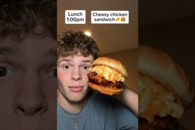 A person holding a hand-held cheesy chicken sandwich with melted cheese and a soft bun, fast food 2.
