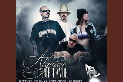 Four urban artists in streetwear on a smoky promotional poster with favor alguien