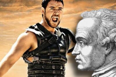 A Roman-style warrior shouting beside an engraved classical philosopher portrait symbolizing felicidad bienestar and inner reflection.