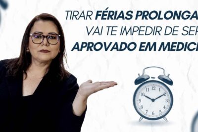 Woman in glasses gesturing toward an alarm clock beside bold text warning about ferias prolongadas and medical school approval.