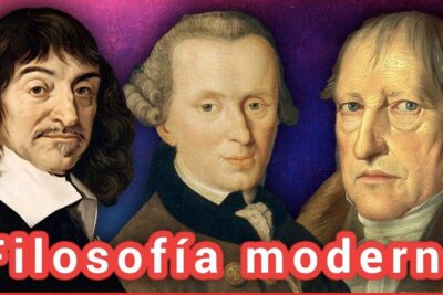 Three painted portraits of philosophers with bold red lettering filosofia moderna at the bottom.