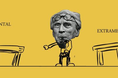 Collage of a sculpted head on a cartoon body between benches labeled MENTAL and EXTRAMENTAL representing filosofia realismo
