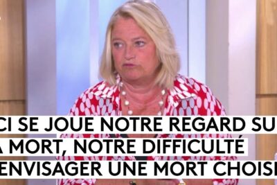 Middle-aged woman on a television set with French overlay about fin vie and end-of-life choices