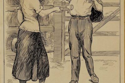 Ink sketch of a young man tipping his hat as a woman hands him a diploma for att 73.