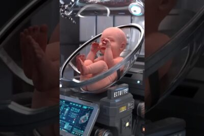 3D render of a newborn in a transparent incubation pod surrounded by medical consoles for bioetik.