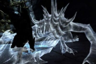 A translucent spiked ice dragon lunges across a dark chamber for erovrade.