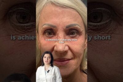 Close-up of a mature woman's face showing fine lines and skin texture while a clinician presents results for estetiska.