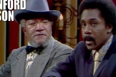 Two men in period suits and hats seated on a studio set for fred.