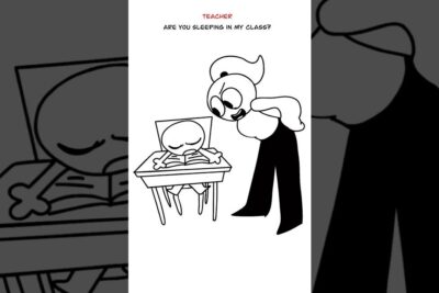 Black-and-white cartoon of a teacher leaning over a sleeping student at a desk for inlarning 1