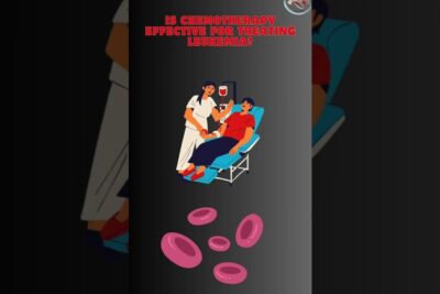 Nurse administering chemotherapy infusion to a patient reclining in a chair with an IV and stylized blood cells for leukemi 1.