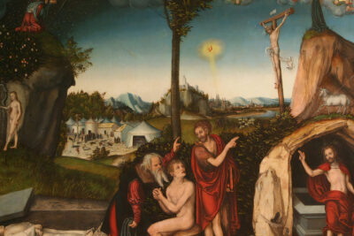 Detailed religious painting showing the crucified Christ, a risen figure emerging from a tomb, shepherd and mourners in a landscape for luteranismen.