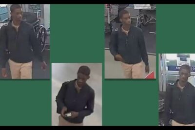 Montage of surveillance stills showing a man in a dark jacket and light pants walking through a store for person reference.