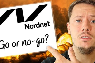 A man pointing at a Nordnet sign reading 'Go or no-go?' against dramatic clouds illustrating fordele ulemper