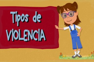 Cartoon girl beside a sign reading 'Tipos de Violencia' illustrating forma violencia 1.