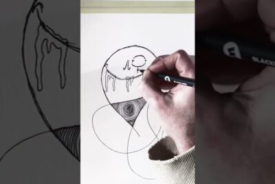 Hand drawing an abstract ink illustration featuring a circular forme dart with dripping details and concentric line patterns