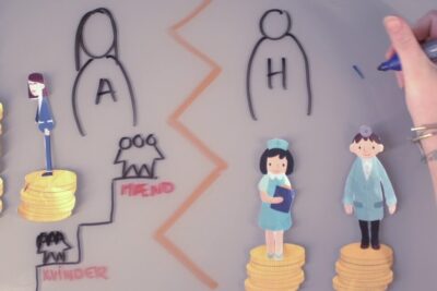 Illustration of paper-cut characters and stick-figure sketches on coin stacks comparing roles and pay, forskellige synspunkter 2.