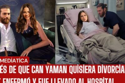 Split tabloid-style image of a seated couple and a woman in a hospital bed, forslag ar