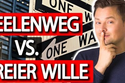 Pensive man beside bold red banners reading SEELENWEG and FREIER WILLE with One Way street signs, representing choices — freien willen 1.