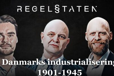 Stylized cover art with three illustrated men beneath the headline 'Danmarks industrialisering 1901-1945' and a bold header 'REGELSTATEN', frivillig stemmeafgivelse.