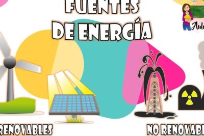 Illustration of fuentes energia 1 showing a wind turbine, solar panel, oil rig and nuclear plant in a colorful educational layout.