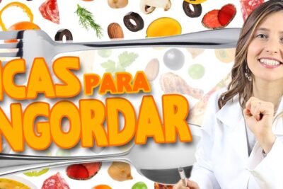 Smiling female nutritionist beside colorful food collage and bold Portuguese headline about gaining weight, highlighting ganho peso 1.