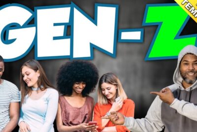 A diverse group of young adults smiling and using smartphones representing generacion z 1
