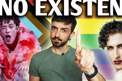 Collage with pride flag background and three figures—a central person pointing and two stylized performers—visualizing genero binario 1