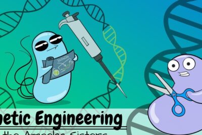 Cartoon microbes with DNA strands, a pipette and scissors symbolizing genetic engineering.