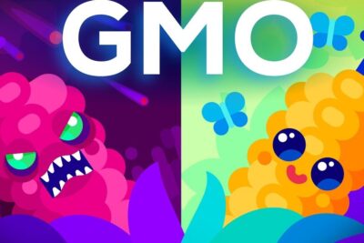 Split cartoon image with a menacing pink berry creature on a dark side and a cheerful yellow corn character with butterflies under bold GMO lettering, labeled genetically modified 18.