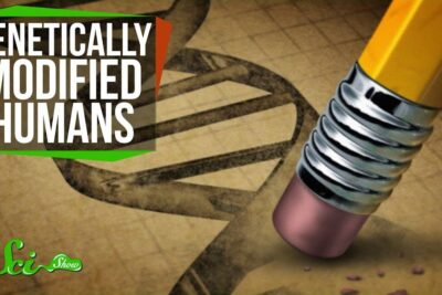 Pencil eraser erasing a drawn DNA helix beneath the bold headline 'Genetically Modified Humans' illustrating genetically modified 9.