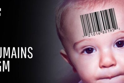 Baby with barcode on forehead representing genetiquement modifies debate