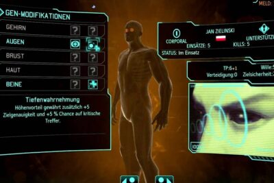 HUD-style genetic modification menu with humanoid model and ocular upgrade options for genetische manipulation 1