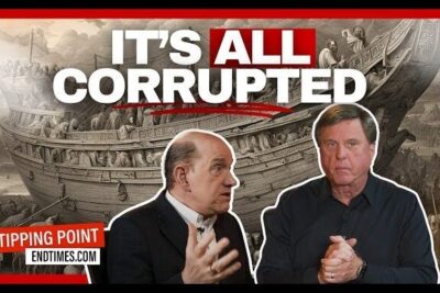 Two commentators with 'IT'S ALL CORRUPTED' headline over a historic ship engraving discussing genetisk manipulasjon