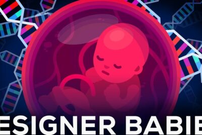 Stylized fetus inside a translucent womb surrounded by colorful DNA helixes representing genetisk modifiserte 1