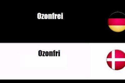 Graphic showing 'Ozonfrei' and 'Ozonfri' labels with German and Danish flags, genmodificerede organismer 1
