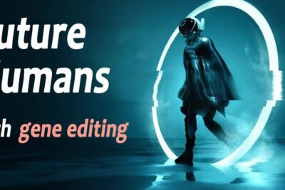 Futuristic figure walking through a glowing ring with the phrase 'Future Humans with gene editing' highlighting genmodifiserte avlinger 2.