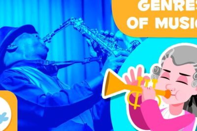 A vibrant collage of a jazz saxophonist and a cartoon classical trumpeter illustrating genre musical variety.