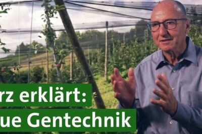 Man speaking and gesturing in a netted orchard with on-screen text about gentechnik landwirtschaft