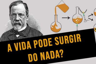 Black-and-white scientist portrait with schematic flasks and diagrams illustrating geracao espontanea experiments and the origin of life