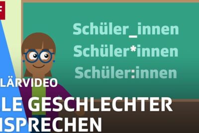 Cartoon teacher in front of a chalkboard listing forms like Schüler_innen, Schüler*innen and Schüler:innen for geschlechtergerechte sprache 1.