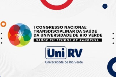 Promotional banner for the I Congresso Nacional Transdisciplinar da Saúde da Universidade de Rio Verde with colorful circular logo and 'Saúde em tempos de pandemia' tagline, gestacao substituicao 1