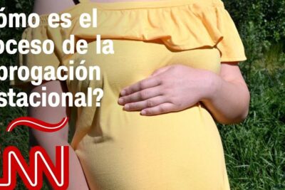 Pregnant woman in a yellow off-shoulder dress holding her belly with a headline about gestacion subrogada 1