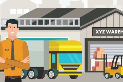 Illustration of a warehouse loading area with a delivery truck, forklift and manager highlighting gestione dellalmacen.