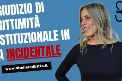 Smiling woman beside bold Italian headline about constitutional legitimacy and giudizio giurisprudenza on a blue background.