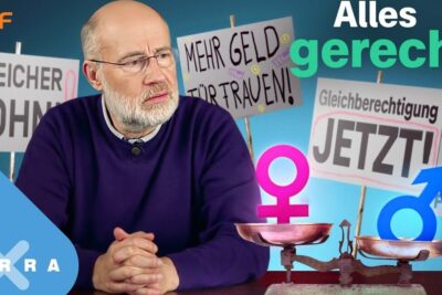 A thoughtful man seated before placards and a balance with male and female symbols demanding gleichstellung frauen.