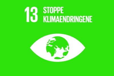 Bold green graphic with an eye-shaped globe symbol and a Norwegian climate message representing global oppvarming.