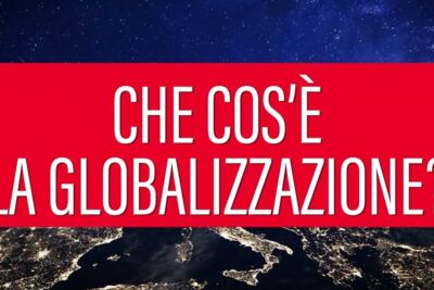 Red banner reading 'Che cos'è la globalizzazione?' above a nighttime satellite view highlighting globalizzazione portato