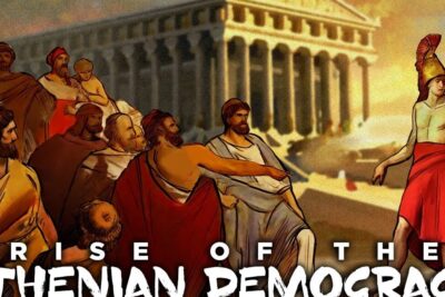 A group of robed Athenian citizens debating before a classical temple while a helmeted warrior stands to the side, labeled greek democracy 1.
