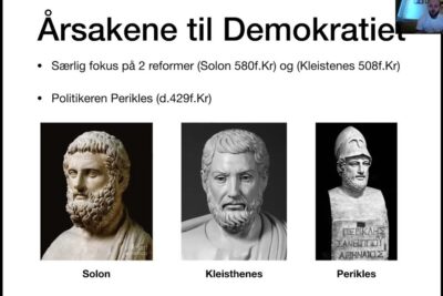 Slide with busts of Solon, Kleisthenes and Perikles and bullet points about the causes of democracy, greske demokratiet 1