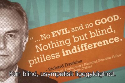 Portrait beside a bold quote reading no evil and no good, nothing but blind, pitiless indifference, guds eksistens 4